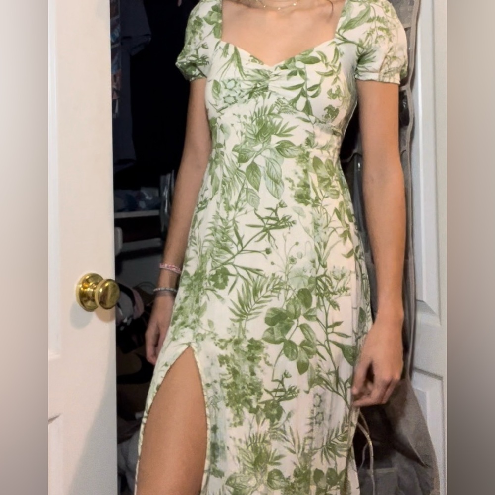 Blu Pepper Green and White Floral Dress with Front Slit